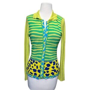 Kenzo Jeans Womens Y2K Cardigan Large Medium Green Animal Print Collared Pop Art